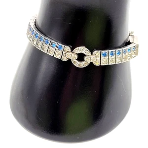 1920 30s Art Deco Blue White Rhinestone Sterling Silver Bracelet Unmarked TESTED - Picture 1 of 24