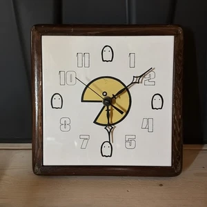 Vtg PAC-Man Tile Wall Clock Wood Frame Works - Picture 1 of 5