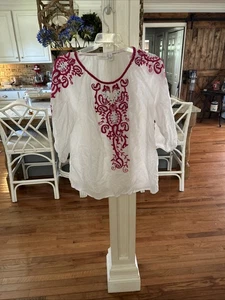 Blusa túnica blanca Chicos talla 3L rosa intenso bordada detalles detallados con joyas - Imagen 1 de 9