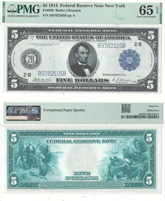 1914 $5 Federal Reserve Note Fr-850 PMG Gem CU-65 EPQ - Image 1 of 3