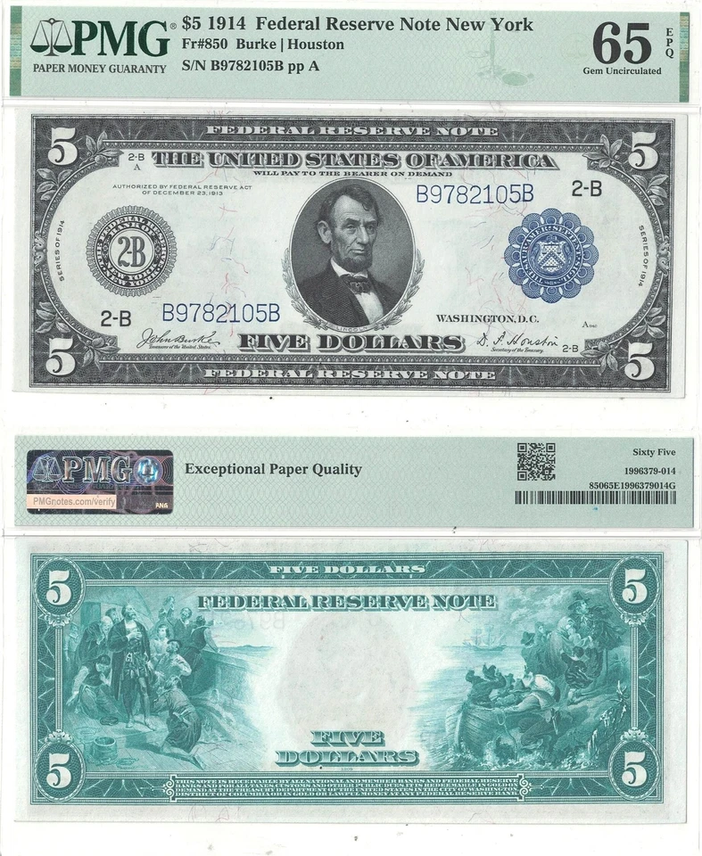 1914 $5 Federal Reserve Note Fr-850 PMG Gem CU-65 EPQ - Image 1 of 3