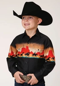 Roper Boys Kids Black 100% Cotton Red Mesa Scenic L/S Shirt XS - Picture 1 of 4