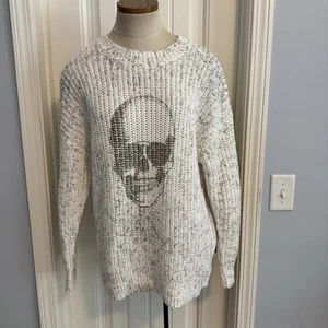SKULL CASHMERE Small Skull Graphic Front Sweater Top Speckled Ribbed - Picture 1 of 8