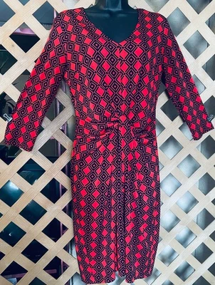 Karen Kane 4L60547 Tangerine Red Diamond Print Stretch Jersey Tiffany Dress M - Image 1 of 4