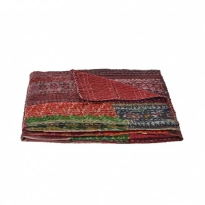 70" X 50" Red Kantha Silk Patchwork Throw Blanket with Embroidery - Picture 1 of 6