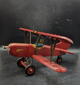 Vintage WWI Wooden Biplane w/Fighter Pilot Airplane Model Primitive Folk Art - Picture 1 of 10