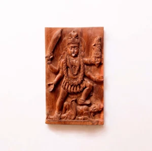 Kali Statue Antique Hindu Goddess Sculpture Durga Shakti Wooden Wall Panel Idol - Picture 1 of 4