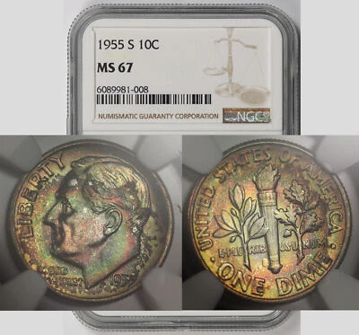 Moneda de diez centavos Roosevelt 1955-S plata 10C como nueva 67 NGC color tonificado Foto 1 de 4