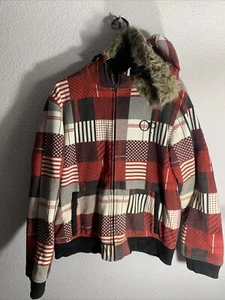 Ocean Pacific OP Women Large Hoodie Faux Fur Full Zip Quilted Lined Distressed - Picture 1 of 6