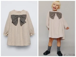 ZARA TEXTURED BOW DRESS Tan Long Sleeve Muslin Gauze 6509/292 Girl's 5 - Picture 1 of 15