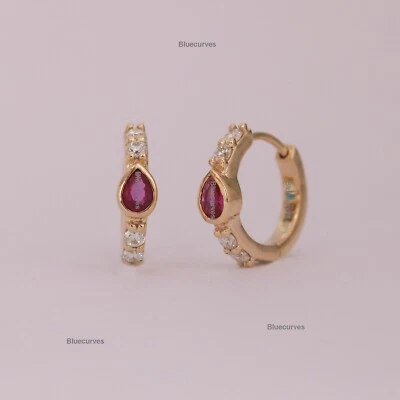 3.5x2.5MM Pear Natural Ruby & Natural Diamond Mini Hoops Earrings Solid 14k Gold - Image 1 of 4