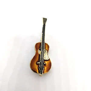 Vintage Guitar Brooch Pin Brown Enamel Gold Tone - Picture 1 of 5