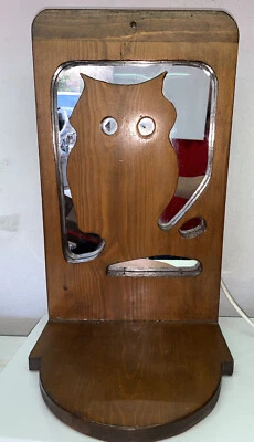 Vtg MCM Wood Brutalist Rustic Owl Wall Mirror w/ Shelf Holder 18” - Image 1 of 4