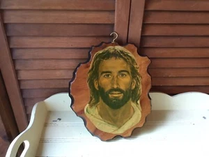 VTG RELIGIOUS WALL PLAQUE YOUNG JESUS DECOUPAGE ON SLAB of WOOD With BARK - Picture 1 of 5