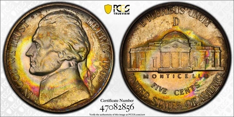 MS66 1945-D Jefferson Silver Nickel, Repunched Mint Mark- PCGS Rainbow Toned Cover
