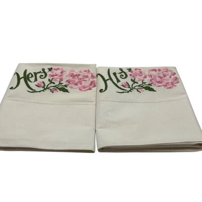 Винтажный вышитый его и ее наволочки комплект хлопок цветочный розовый зеленый - Изображение 1 из 4