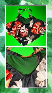 Black Floral Swim Suits Halter Tankini Top Layered Ruffle Flounce GIRLS 9 / 10 - Picture 1 of 12