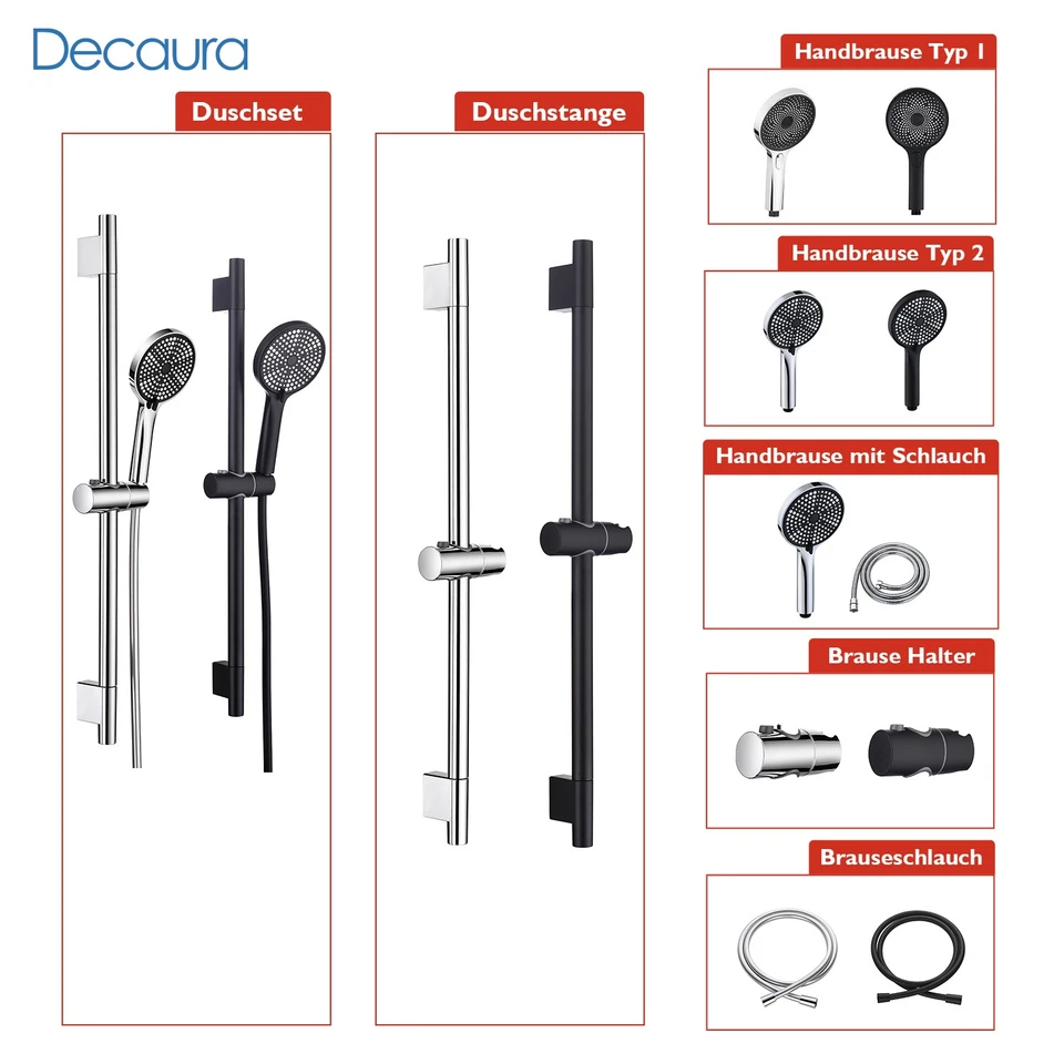 Decaura Handbrause Duschstange Set Duschkopfhalterung Schlauch Chrom/Schwarz - Bild 1 von 1