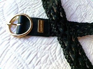 ANNE KLEIN TALLA L NEGRO CUERO GENUINO CINTURÓN TRENZADO REDONDO DORADO HEBILLA LOGOTIPO PLACA - Imagen 1 de 5