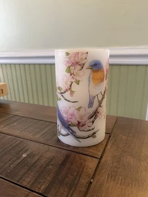 Birds & Flowers Flickering Flameless Pillar Candle Battery Operated • Works • 6” - Image 1 of 4
