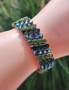 Vintage Signed Japan Criterion Shades Of Green Rhinestones Expansion Bracelet - Picture 1 of 14