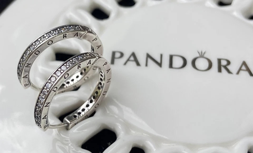 PANDORA Sterling Silver Signature Ladies Hoop CZ Earrings 290558CZ