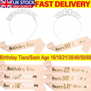 ROSE GOLD BIRTHDAY TIARA RHINESTONE HEADBAND CROWN SASH PARTY GIRL WOMEN GIFT - Picture 1 of 16