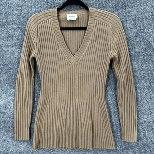 St John Wool Sweater Womens Small Tan Ribbed V Neck Pullover Long Sleeve - Picture 1 of 14