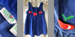 VTG ALYSSA USA BLUE RED APPLES APPLIQUE CORDUROY COTTON PINAFORE DRESS 6 EUC - Picture 1 of 7