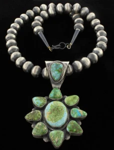 Sonoran Gold Turquoise Cluster Pendant With Sterling Silver Bead Necklace - Picture 1 of 6
