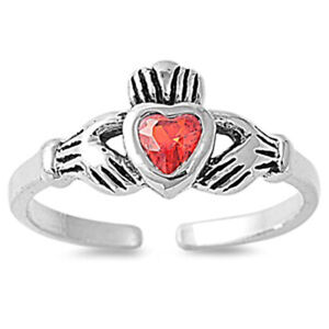Heart Solitaire Claddagh Simulated Red .925 Sterling Silver Toe Ring