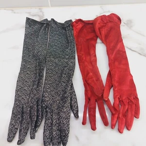 2 Pairs Vintage Stretch Lady's Evening Gloves Red Satin / Black & Silver Lurex - Picture 1 of 4