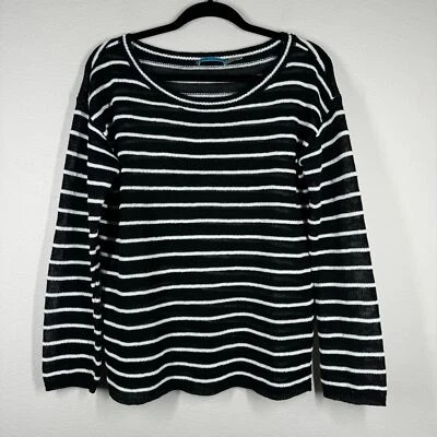 Alice + Olivia Ottoman Striped Linen Blend Sweater Knit Black White Medium - Image 1 of 4