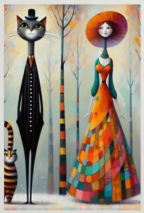 Canvas Wall Art  Black Cat  MODERN DAY FAMILY  Fantasy Whimsical  Unframed   409 - Picture 1 of 2