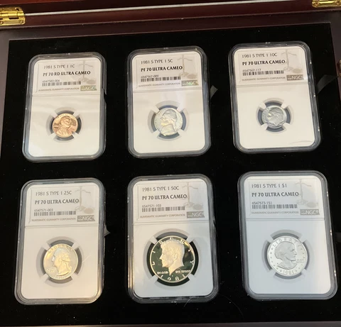 REDUCED:1981 S NGC PF 70 Ultra Cameo SET OF6 TYPE 1:   1c 5C, 10C, 25C, 50c, $1 Cover
