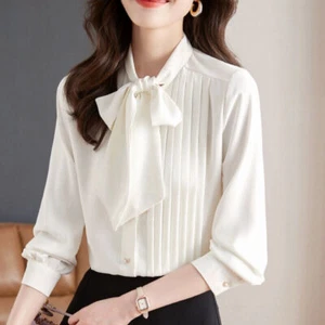Dünnes Damen-Chiffonhemd Langarm Schleife Tops formell Büro Plissee Bluse Shirt - Bild 1 von 10