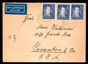 GERMANY 1951 TO US SCOTT #B323 SEMI-POSTAL STRIP OF 3 AIR MAIL TIED - Picture 1 of 2
