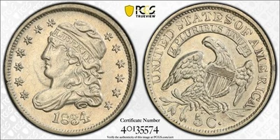 Media moneda de diez centavos busto tapado 1834 H10C LM-2 GRADUACIÓN PROFESIONAL AU55 Foto 1 de 3