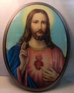 Vintage Sacred Heart of Jesus Oval Lacquer Wood Plaque 15.75" x 11.75 " - Picture 1 of 10