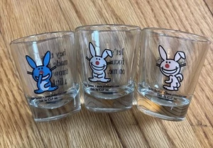 Vintage HAPPY BUNNY Shot Glasses by Jim Benton Sarcastic Bunny Design Bar Drink - Picture 1 of 7