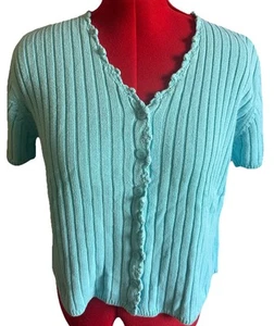 Partners Knit Top Sweater Blue Button Front Short Sleeve Lightweight Large - Picture 1 of 11