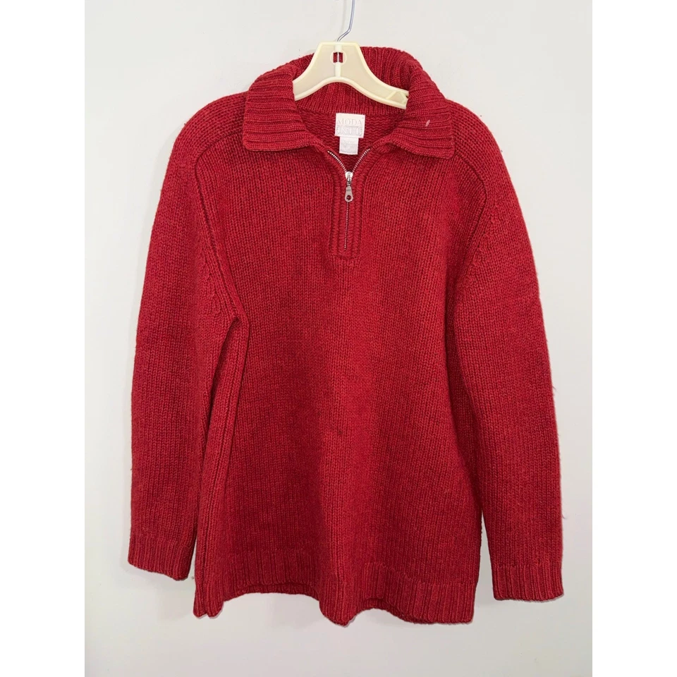 Suéter Pullover Vintage MODA INTL Rojo Tejido Cuarto Cremallera Cuello M 100% Lana Foto 1 de 3