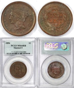 1856 1c Slanted 5 Braided Hair Large Cent PCGS MS 64 RB - Picture 1 of 5