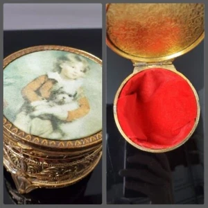 Vintage Jewelry Box Ormolu Filigree Silkscreen Lid Boy Dog Classical Casket - Picture 1 of 13