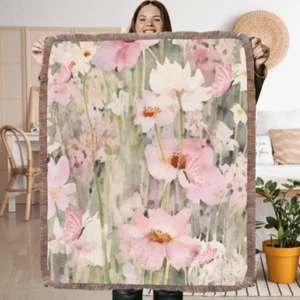 Cozy Floral Velveteen Blanket Pink sofa throw cottage chic housewarming Sage - Picture 1 of 10