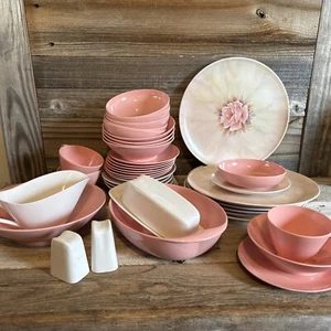 Vtg Lenox Ware Rose Pink 60s MCM Plates, Cups, Saucers Bowls Melamine 43 Pieces - Picture 1 of 20
