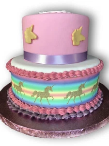 Hoja de glaseado decoración comestible A4 oro unicornio efecto arco iris borde de cinta - Imagen 1 de 2