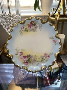 Placa de gabinete antigua Limoges dorada pintada a mano rosa - Imagen 1 de 3