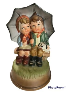 VINTAGe Porcelain Musical Figurine Japan Boy Girl Umbrella 6-1/2" High - Picture 1 of 11