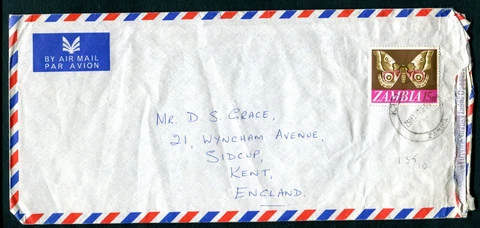 Zambia. Aitmail cover to ngland. Butterfly Cover